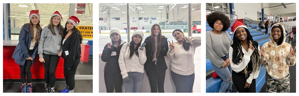 TRIO students posing with friends and Santa hats at ice rink